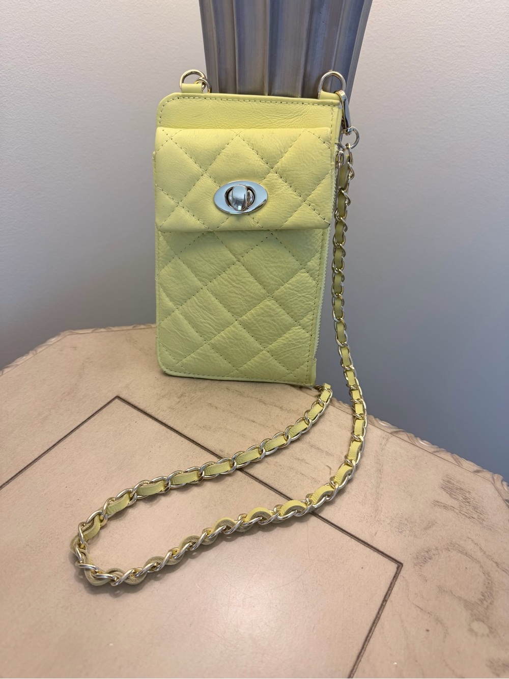 Yellow Quilted Crossbody Phone Bag with Chain Strap